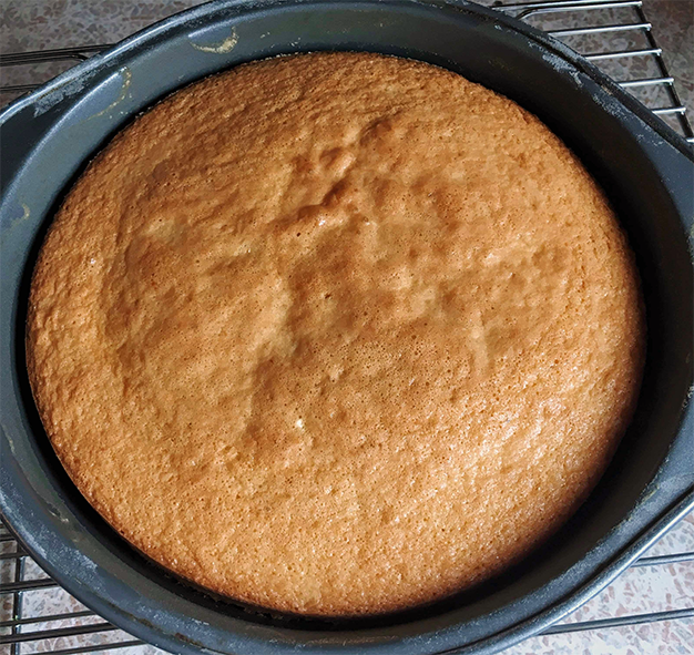 Genoise sponge cake in a microwave safe dish