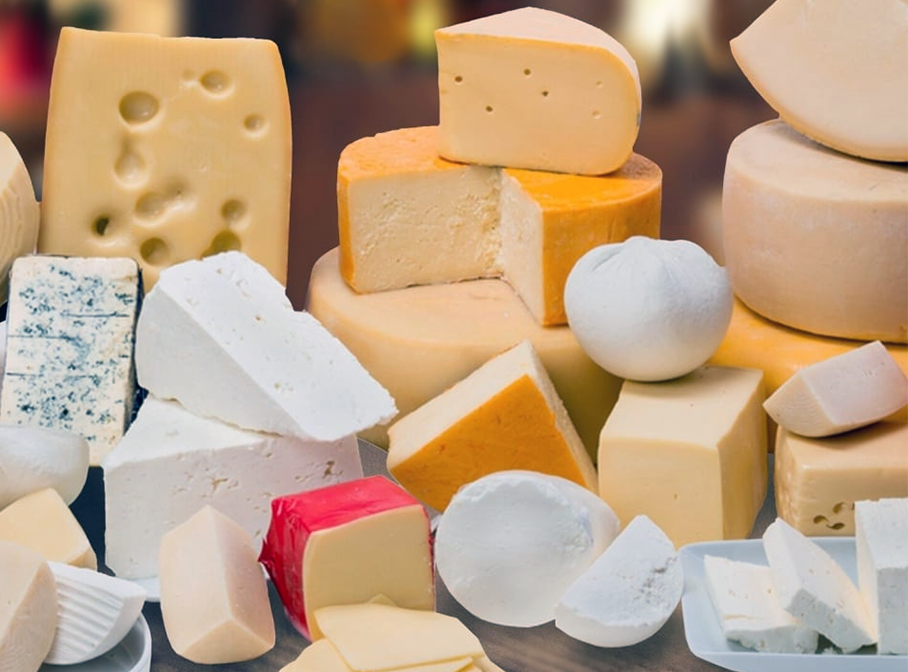 Mixed hard, soft and blue cheeses.