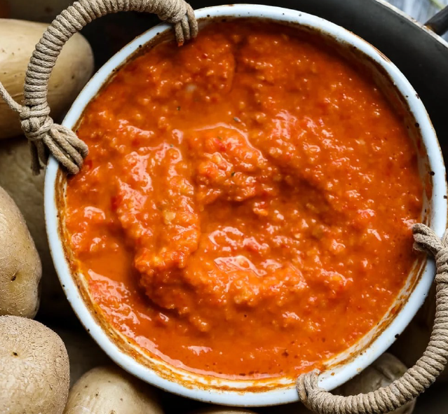 mojo rojo, Canaries red bell pepper in a bowl with boiled potatoes