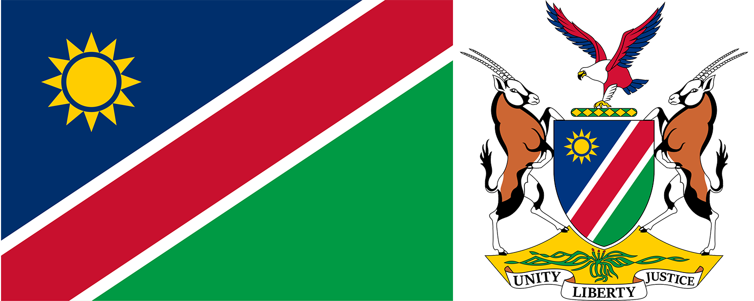 The flag and coat of arms of Namibia.