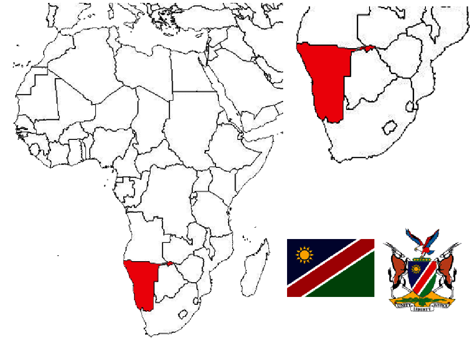 image of Namibia, in relation to Africa (left) and Southern Africa (right).