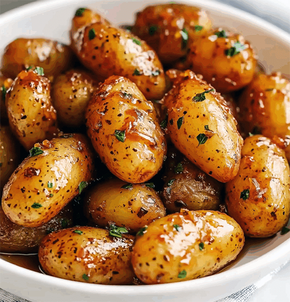 Jersey royal potatoes with a honey-mustard dressing presented in a bowl