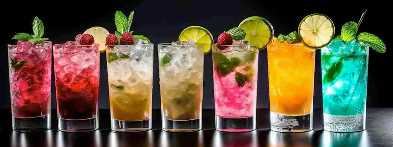 Range of non-alcoholic cocktails on a bar.
