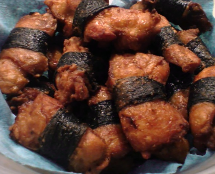 nori-wrapped mochiko pork arranged in a bowl