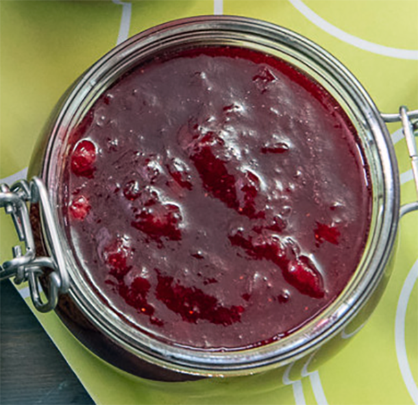 rose hip and lingonberry jam in a jam jar viewed from above