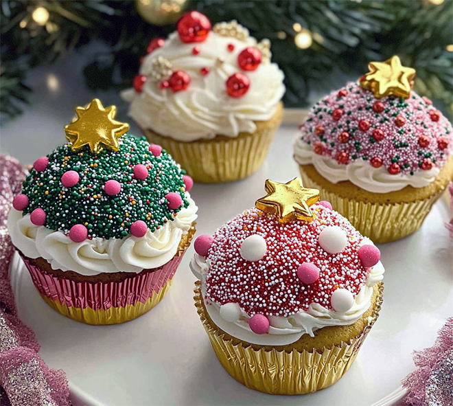 four Christmas ornament cupcakes, made to look like tree decorations