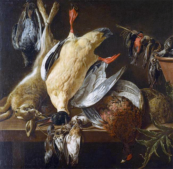 Painting of game animals and birds.