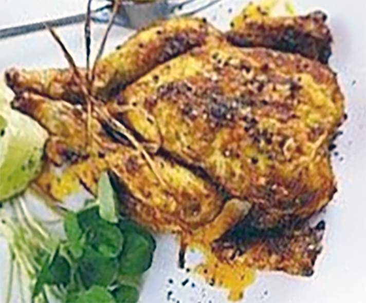 whole spiced party poussin served on a plate with a bunch of watercress leaves