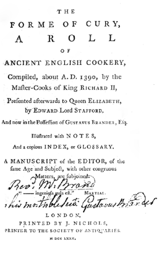 Frontispiece to Samuel Pegge's 1791 edition of the Forme of Cury.