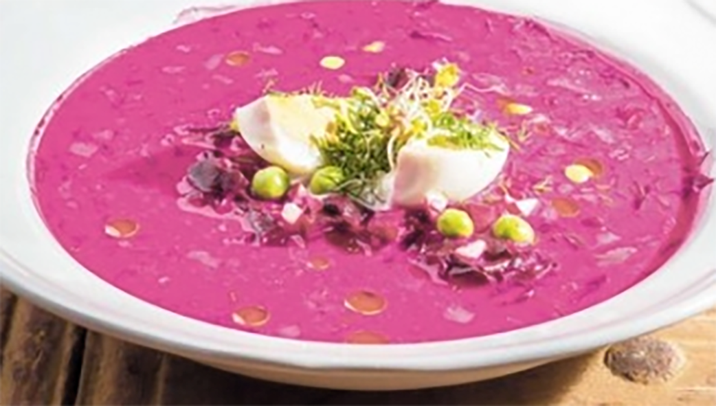 beetroot potato and whey borscht served in a bowl