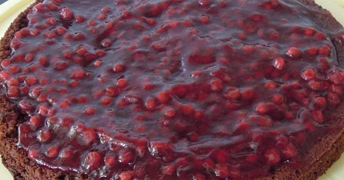 chocolate cake topped with cowberry preserves