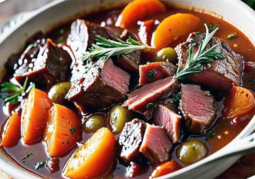 Provencale daube cooking in a cast iron casserole