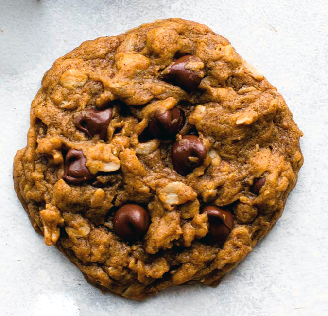 pumpkin oatmeal chocolate chip cookie against a neutral background