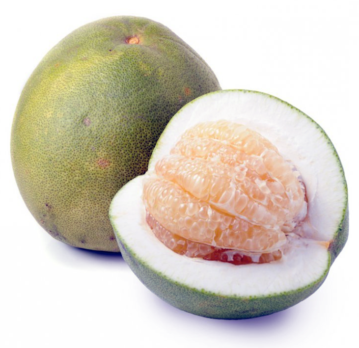 Pomelo, the edible fruit of the Pomelo tree, <em>Citrus maxima</em>, shown as a whole fruit and one fruit sliced open.