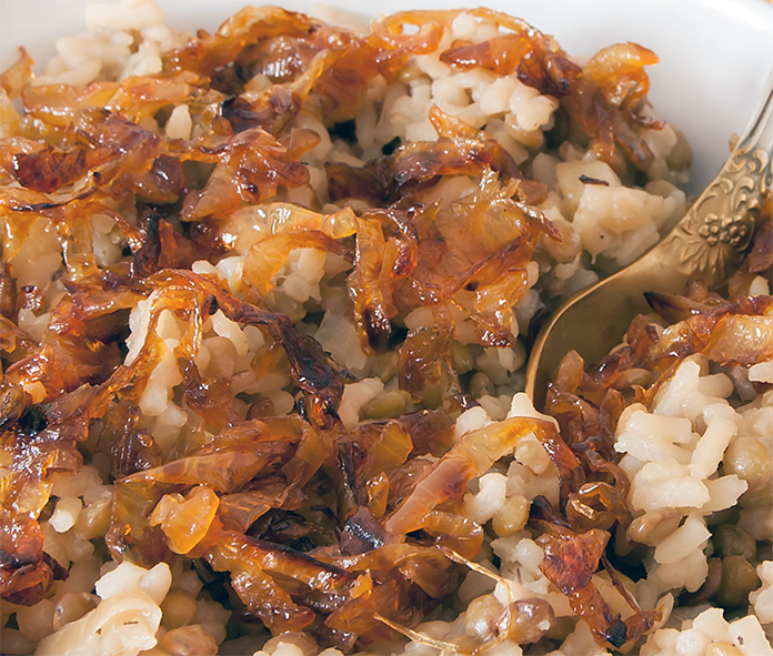 rice with caramelized onions served in a bowl