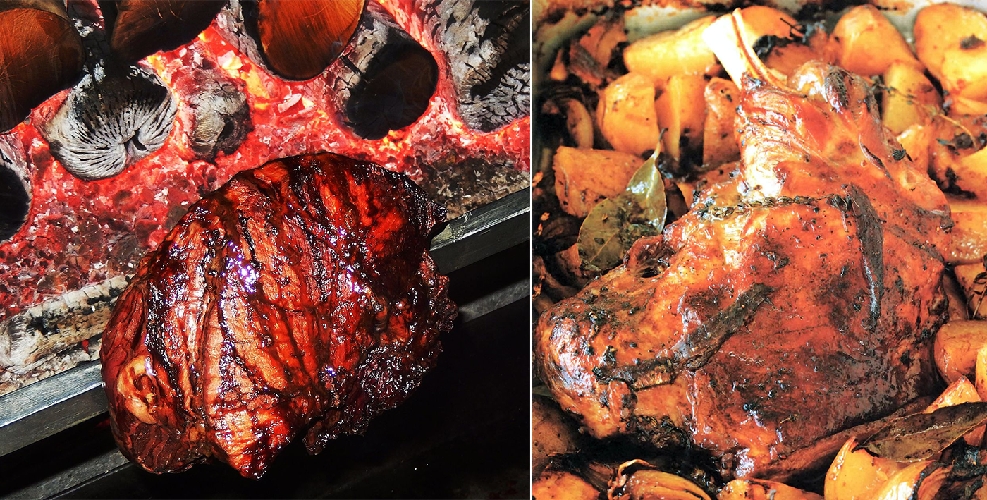 A shoulder of lamb roasting on an Elizabethan-style spit (left) and in a modern oven, (right).