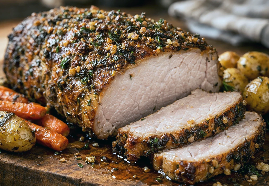 roast loin of pork with garlic and bergamot served with new potatoes and carrot batons