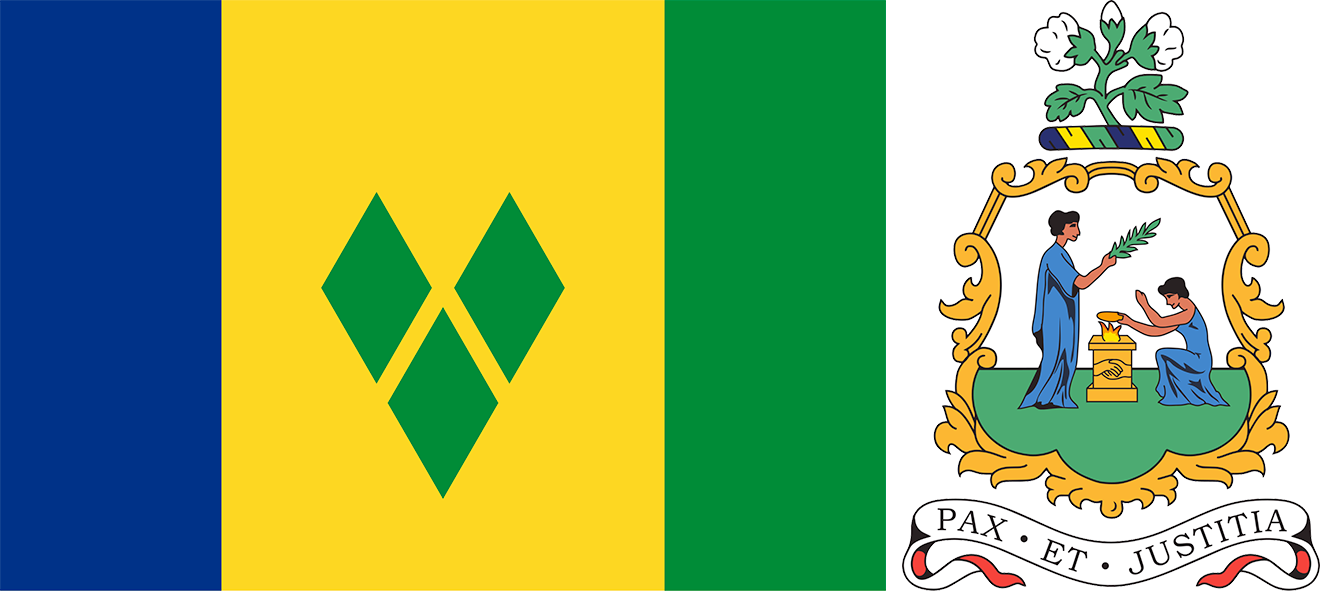 The flag and coat of arms of Saint Vincent and the Grenadines.