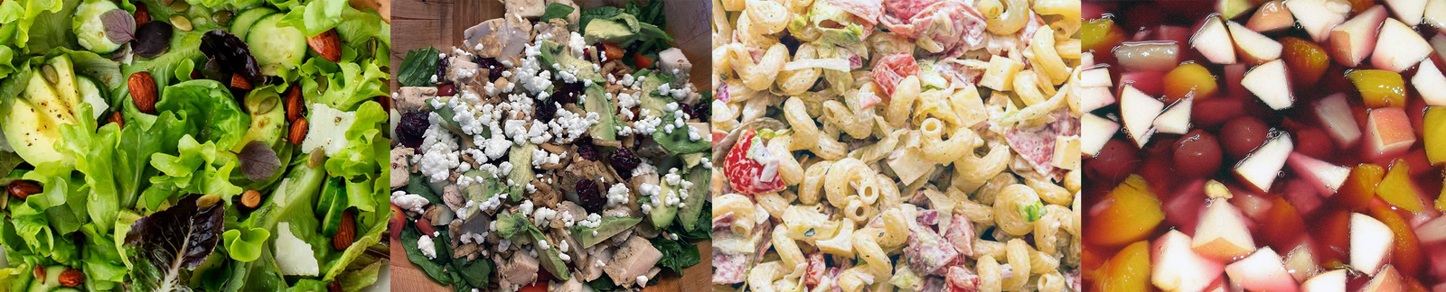 green salad, mixed salad, pasta salad, fruit salad