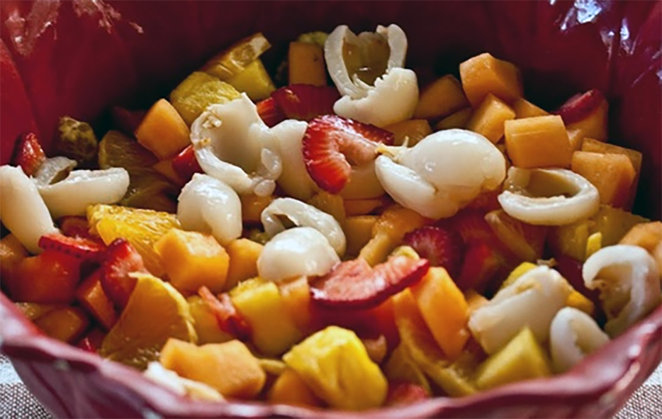 Malagasy mixed fruit salad in vanilla syrup served in a bowl