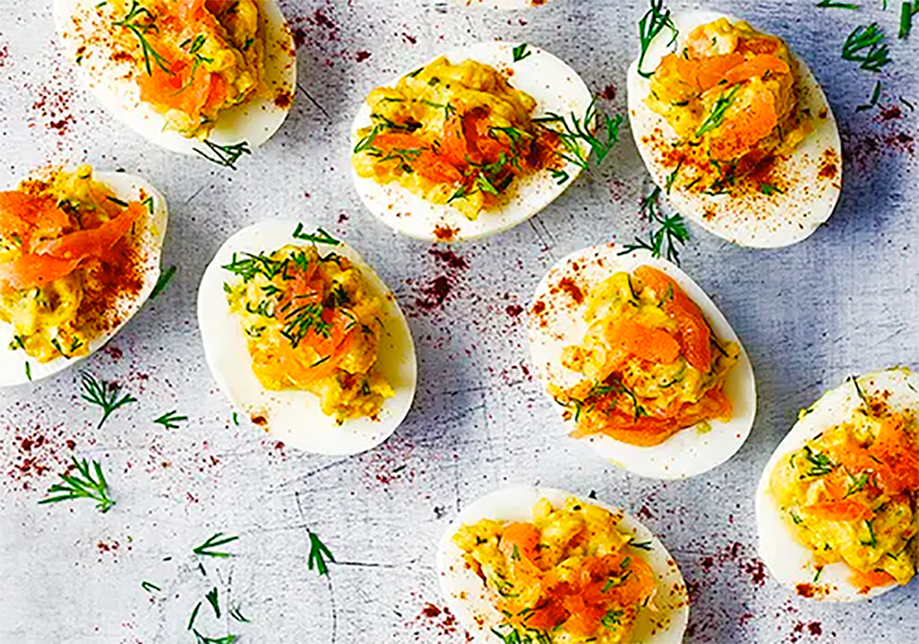 devilled egg halves topped with smoked salmon