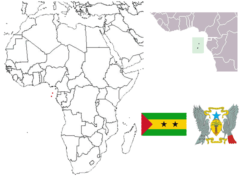 image of São Tomé and Principe, in relation to Central Africa (right) with the flag and coat of arms inset