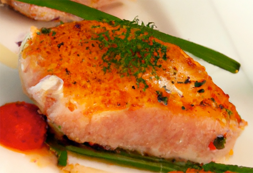savoury fish steak plated out with a garnish of parsley and garlic chives