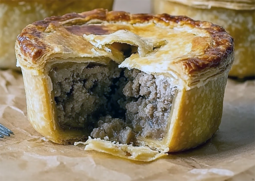 Scotch mutton pie with a wedge removed to reveal the filling