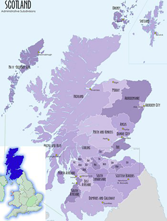 Location of Cornwall in Great Britain and a map of Scotland.