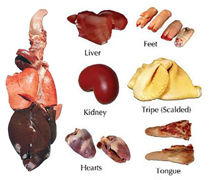 Selection of commonly-consumed offal and a whole sheep's pluck (left).