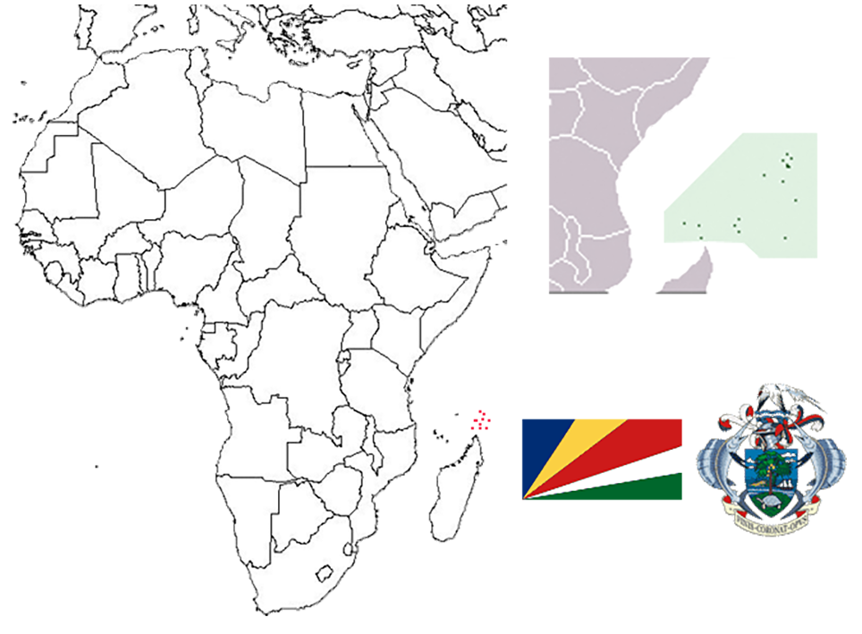 image of Seychelles, in relation to Africa (left), with an expanded view of the Seychelles islands (right)