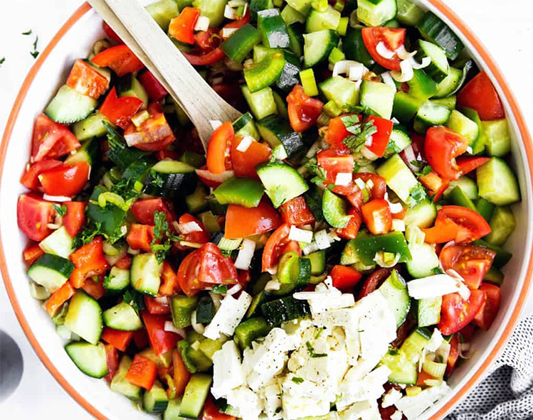shopska salad served in a bowl