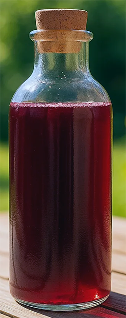 hibiscus syrup in a jar with a cork stopper