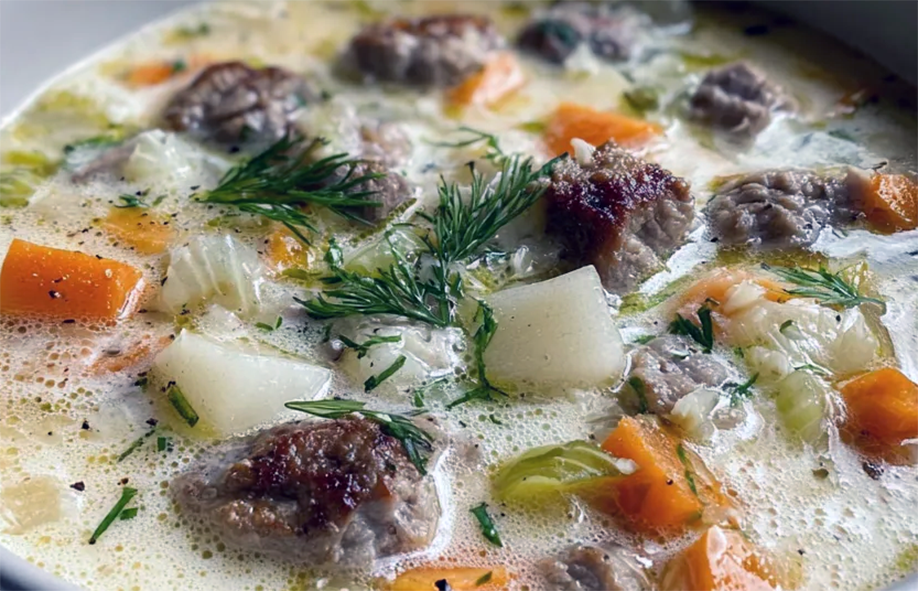 lamb's head and vegetable soup with avgolemono in a bowl
