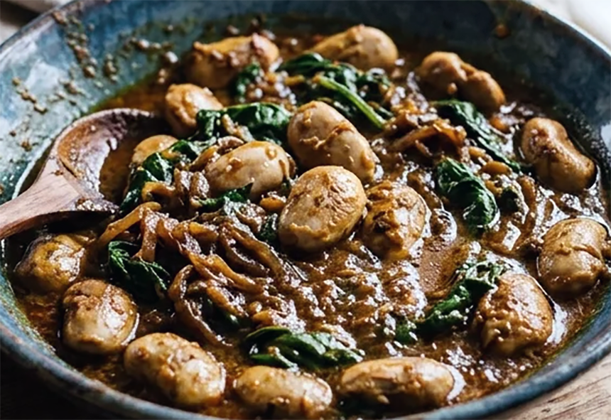 Sri Lankan jackfruit seed curry in a bowl with a wooden spoon