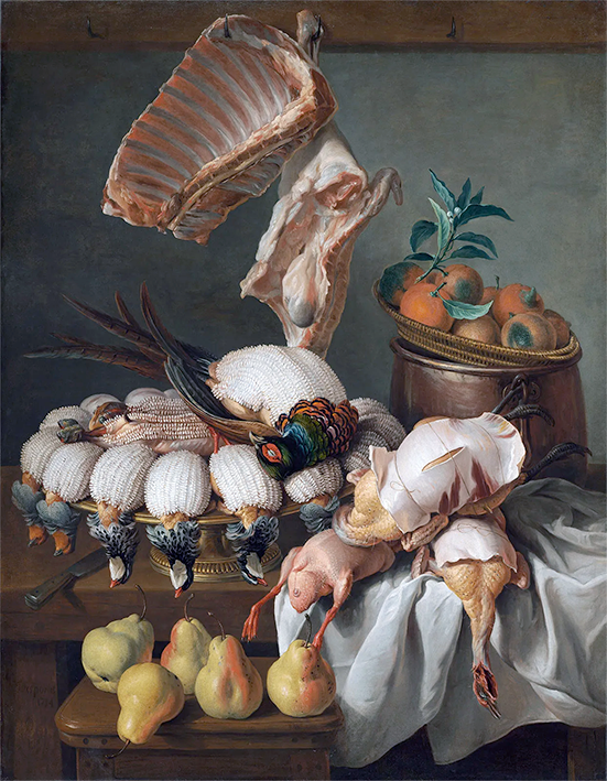 Painting of 'Still Life with Dressed Game, Meat, and Fruit' by Alexandre-François Desportes.