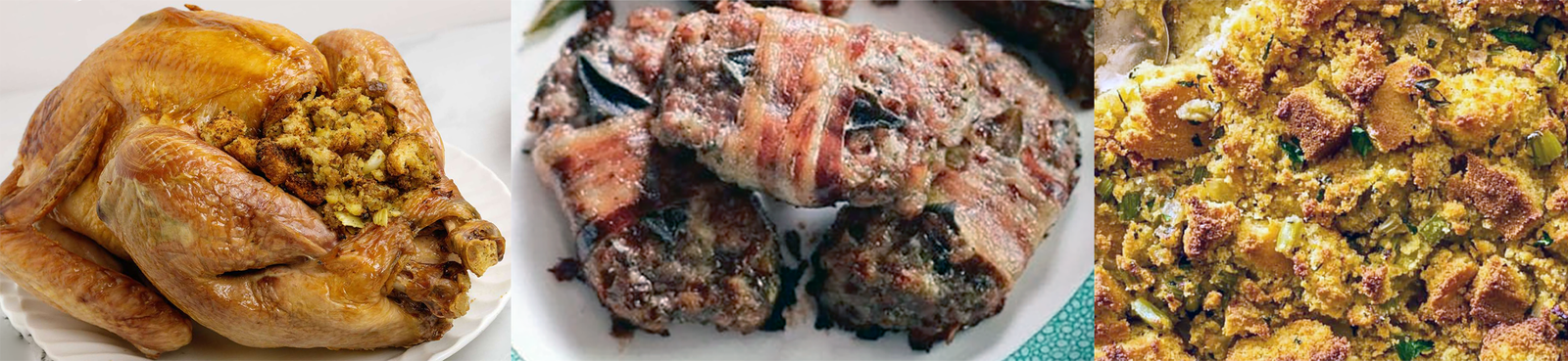 stuffed turkey, chestnut stuffing cooked in bacon and American-style dressing.
