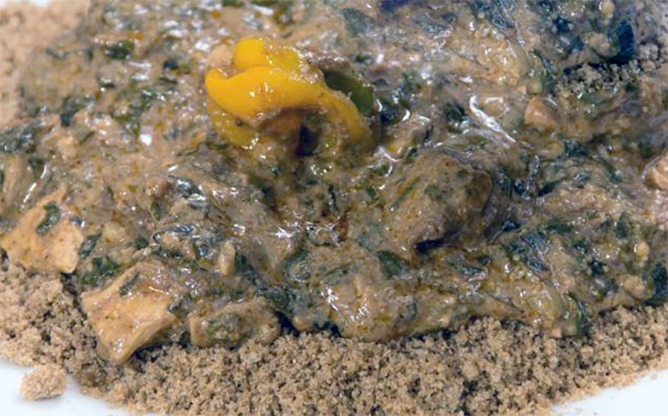 couscous with baobab leaf powder served topped with a meat and fish sauce in a ground peanut and baobab powder sauce with moringa leaves and topped with a yellow chilli