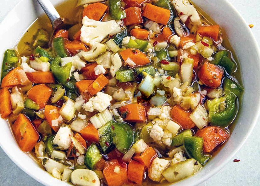 giardiniera incorporating three-cornered leeks presented in a bowl
