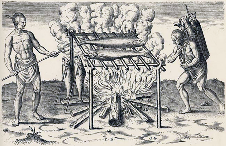 Traditional Arawak barabicu, cooking fish suspended over flame.