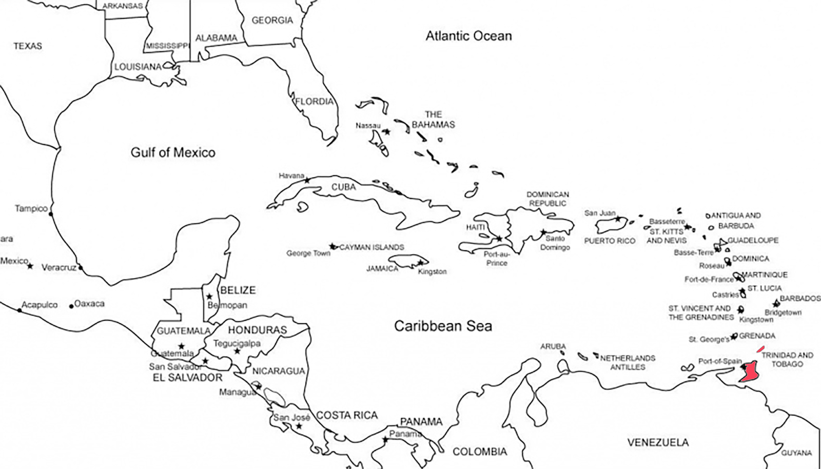 Location of Trinidad and Tobago in the Caribbean.