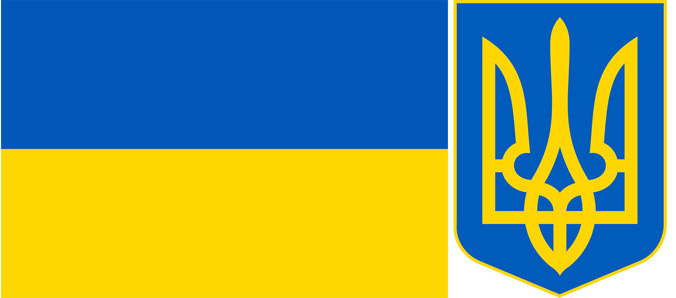 The flag and coat of arms of Ukraine.