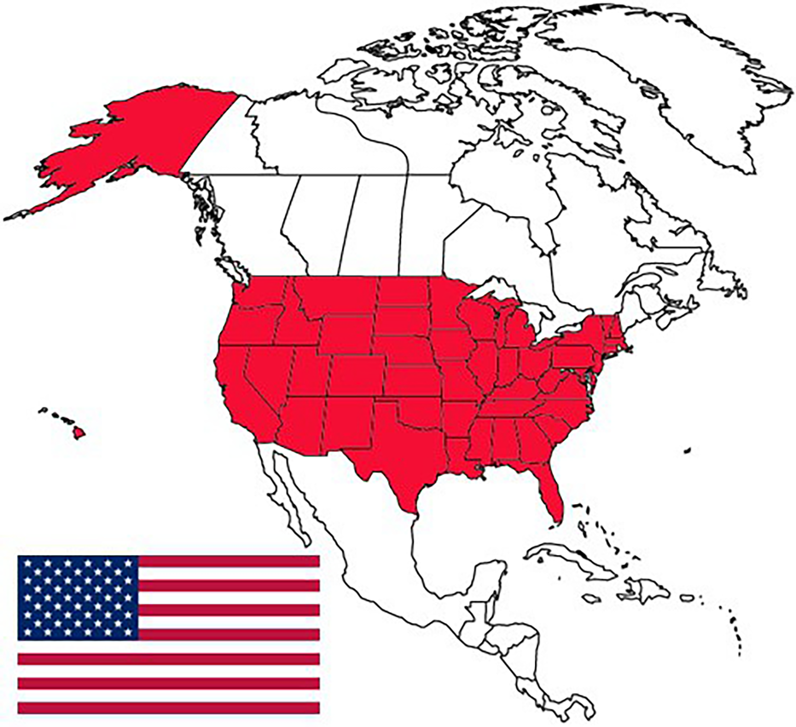 image of America, in relation to Canada with the USA in Red and the American flag inset