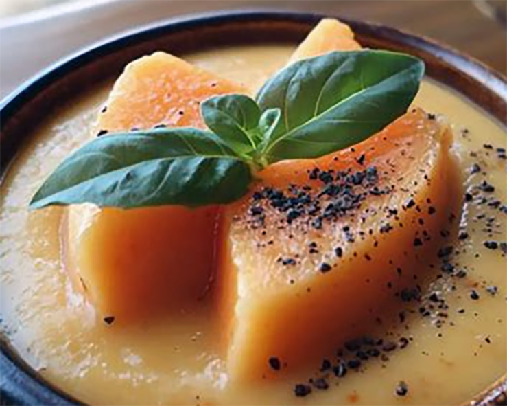 papaya custard set on a bed of papaya puree