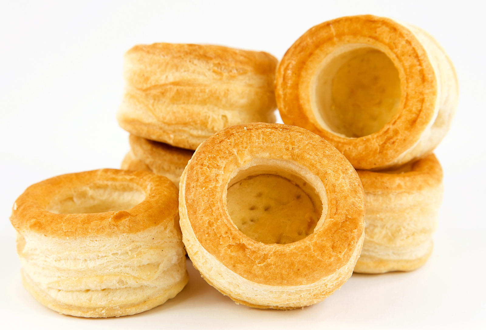 Baked vol-au-vent cases ready for filling