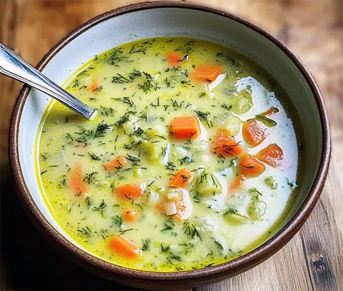 Polish dill soup with carrots served in a bowl